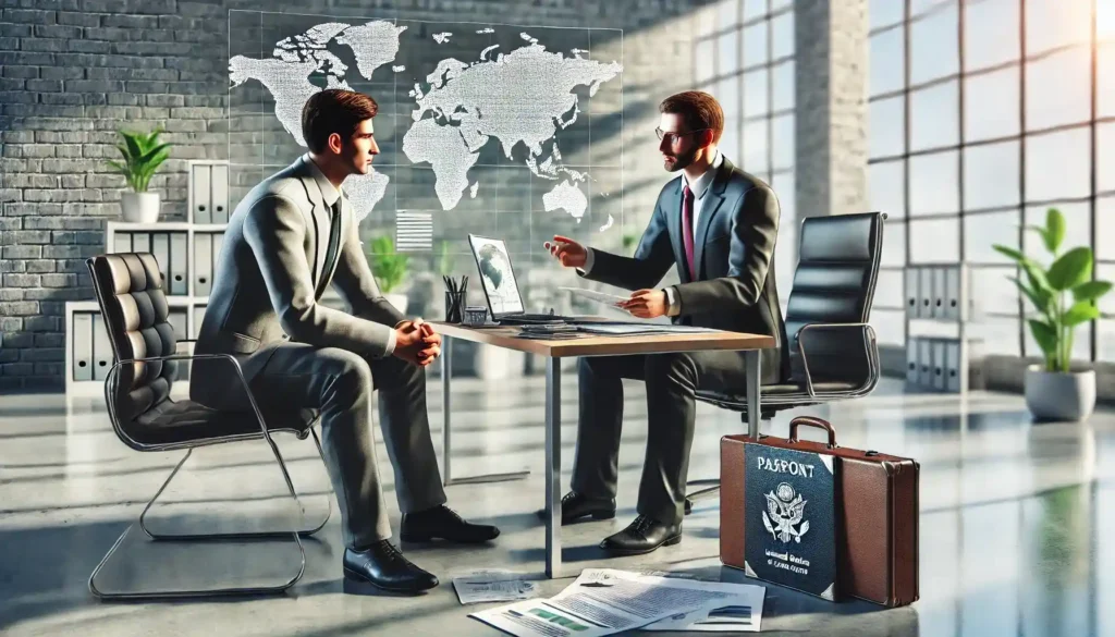 DALL·E 2024 08 26 13.02.55 A detailed and realistic image of a trader and an immigration consultant engaged in a discussion in a modern office setting. The trader dressed in bu copy